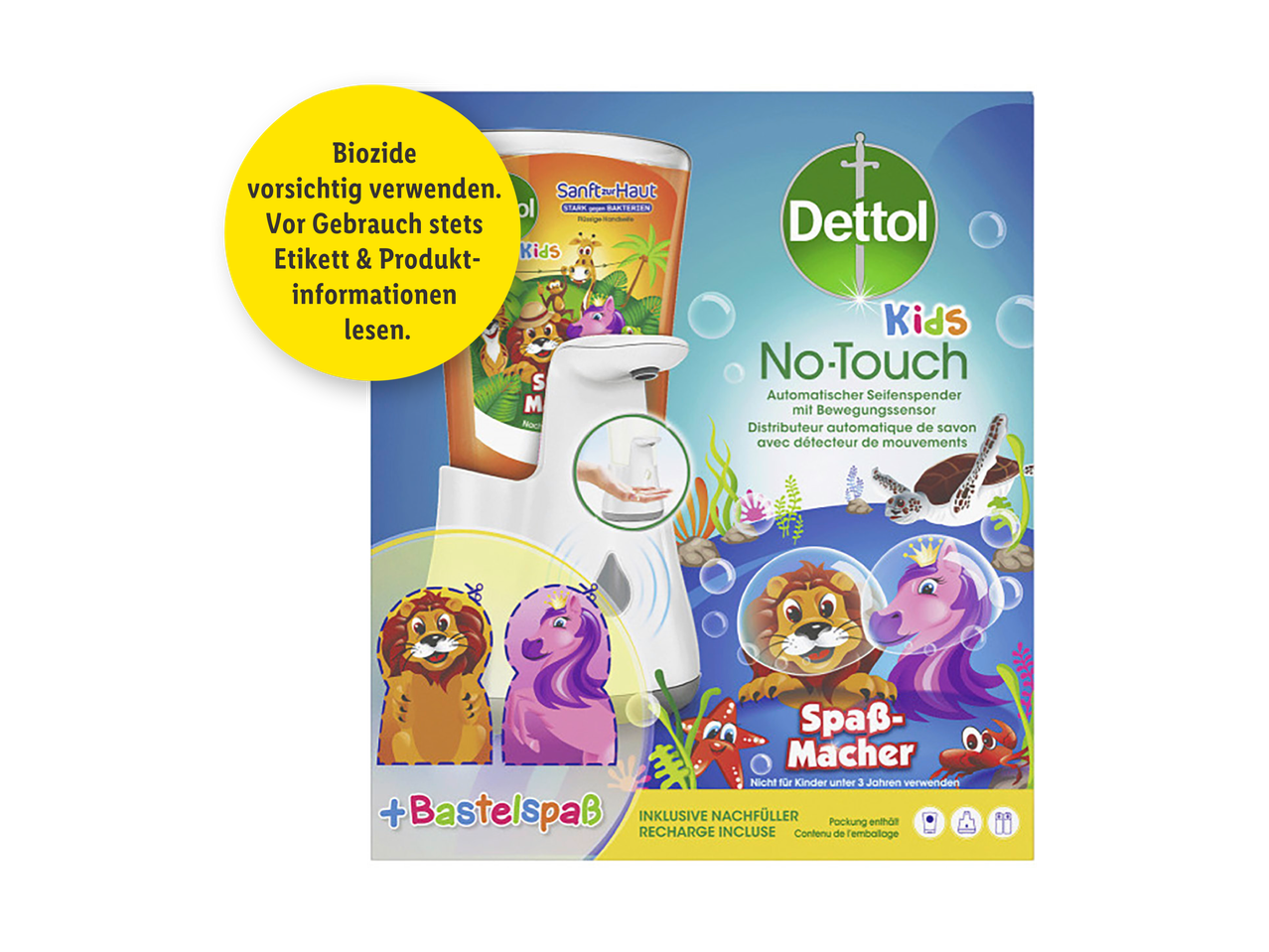 Automatischer Seifenspender für Kinder mit Nachfüller und spielerischen Charakteren.