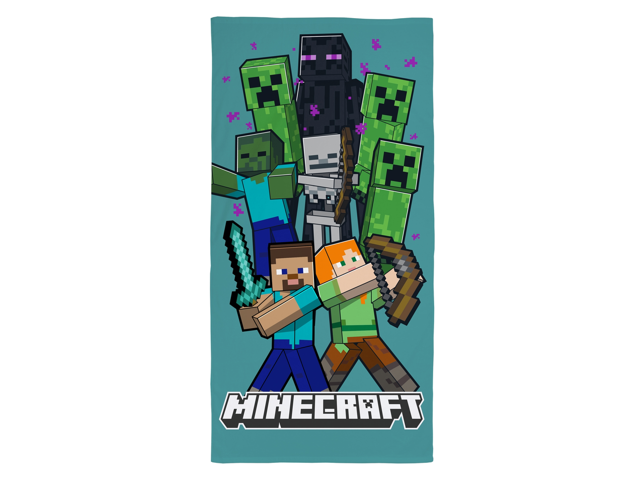 Minecraft rankšluostis su Steve, Alex, Creeperiais, Zombiais, Skeletais ir Endermanu