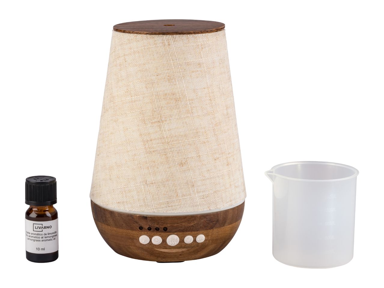 Aroma diffuser with fabric cover, measuring cup, and essential oil bottle