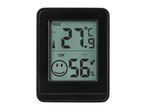 Digital thermometer and hygrometer displaying 27.9°C and 56% humidity with a happy face icon.