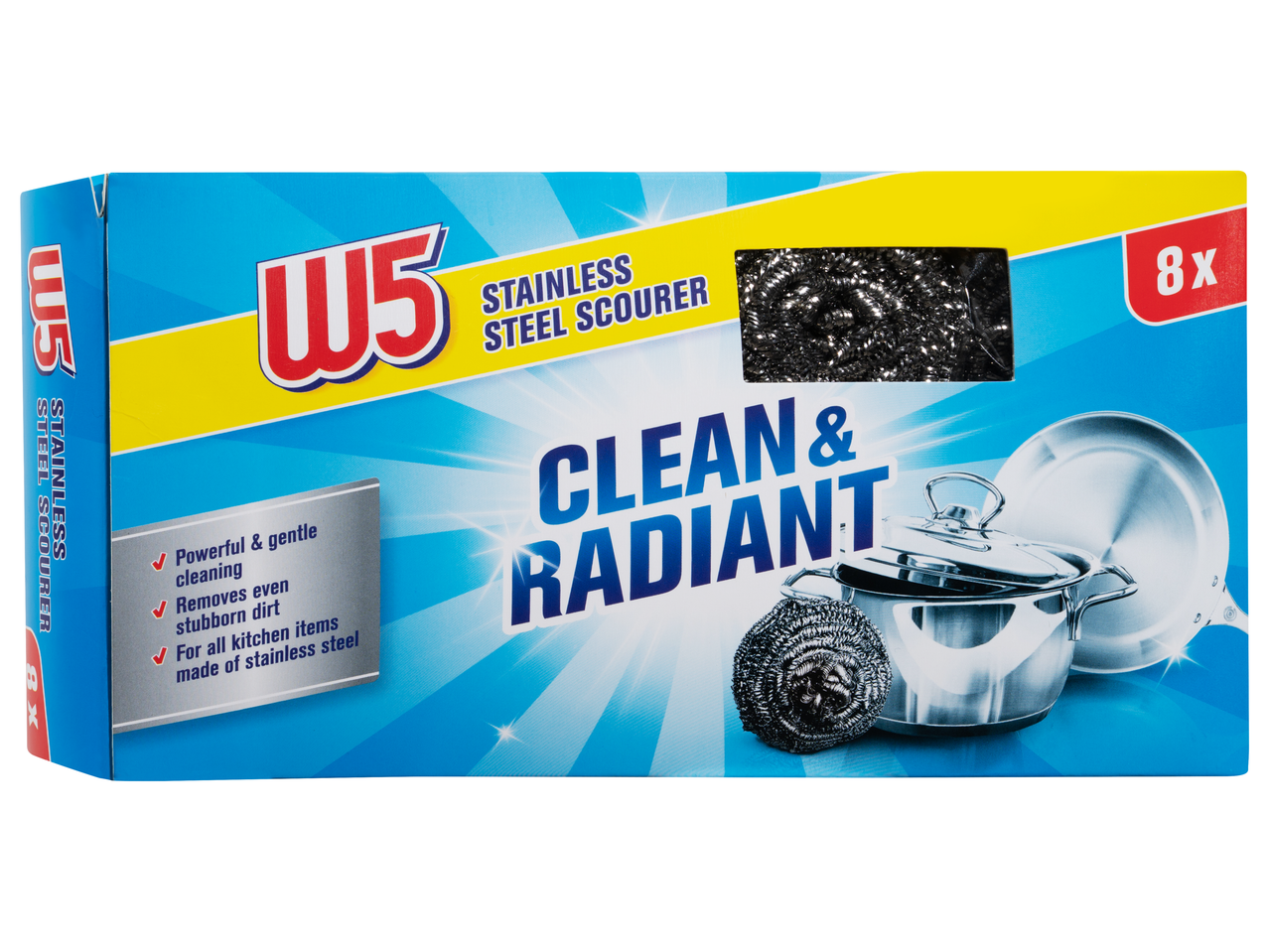 W5 Nemesacél tisztító szivacs 8 db-os kiszerelésben, erőteljes és kíméletes tisztításhoz, konyhai eszközökhöz.