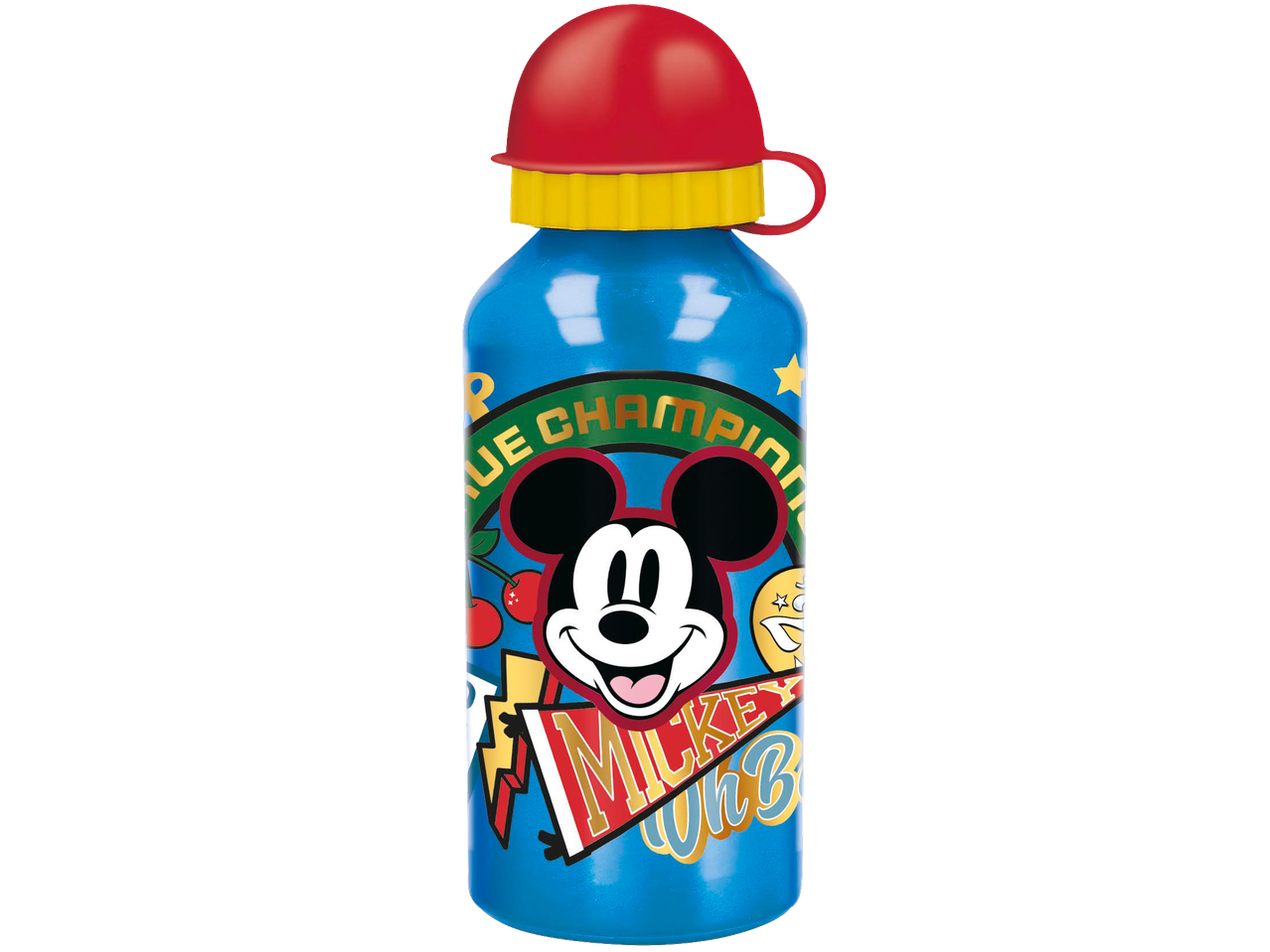 Blue water bottle with a red cap, featuring a smiling cartoon mouse and the text 'CHAMPION' and 'MICKEY'.