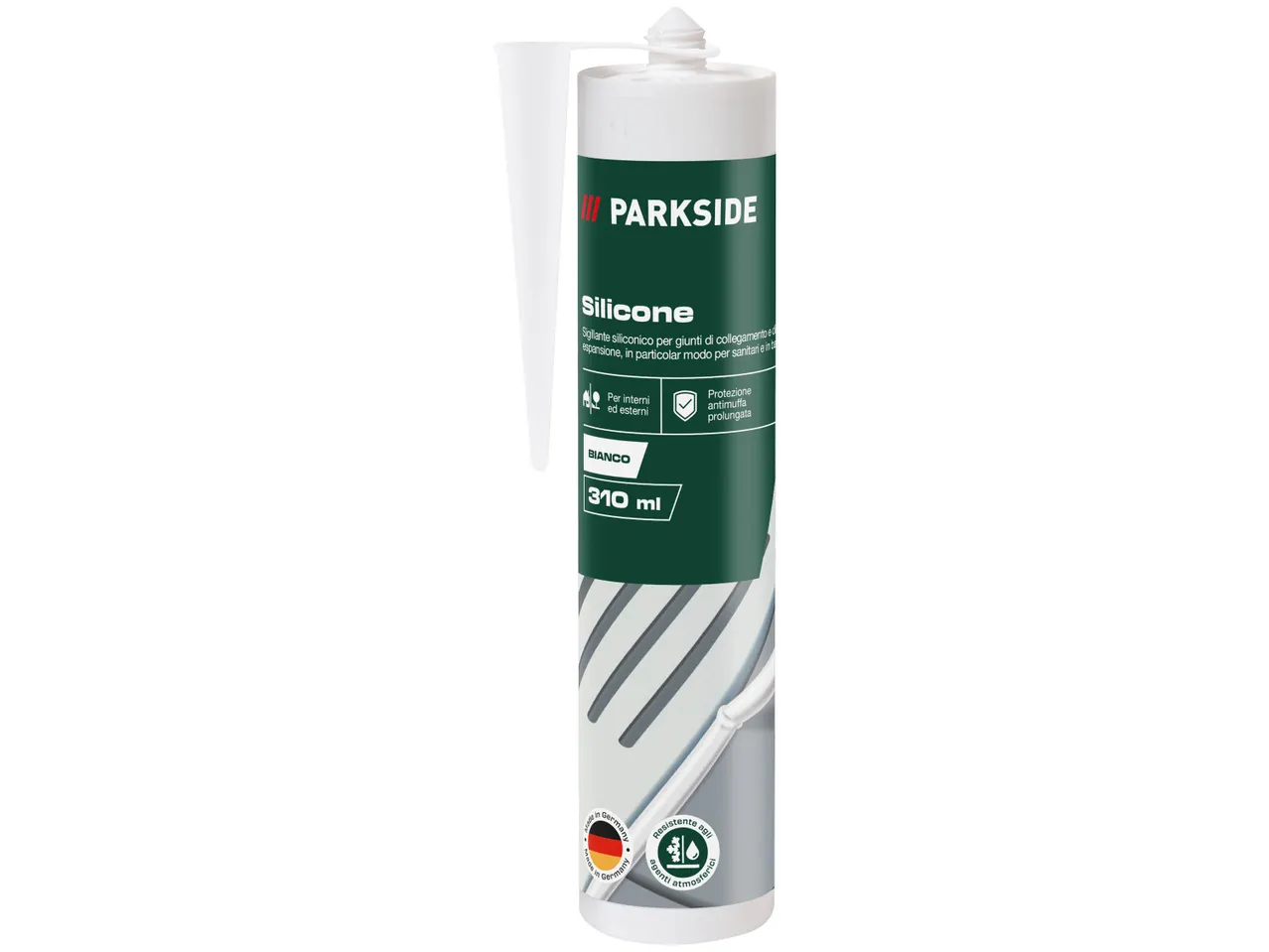 Tubo di silicone Parkside bianco da 310 ml per sigillatura.