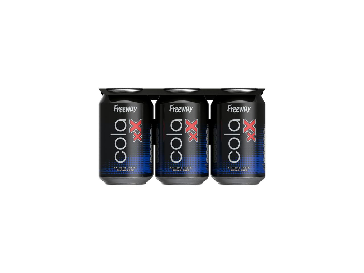 Three Freeway Cola XX sugar-free cans.