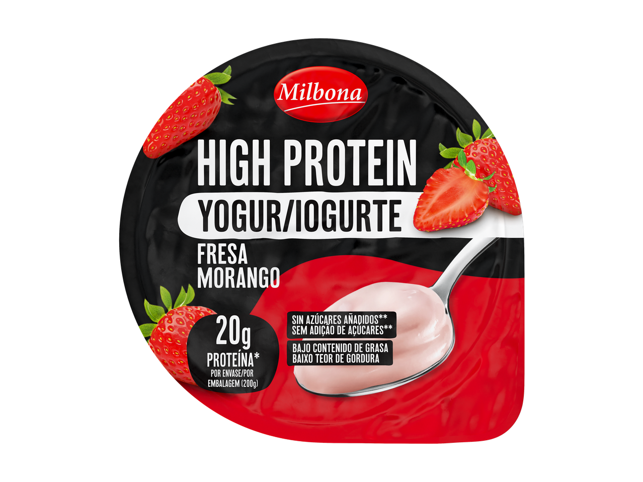 Milbona Iogurte High Protein Morango com 20g de proteína, sem adição de açúcares e baixo teor de gordura.