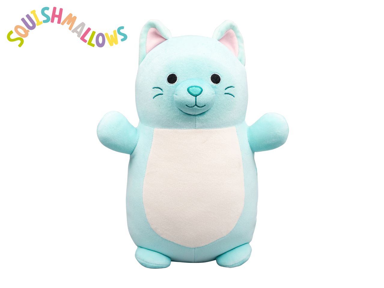 A light blue cat plush toy with a white belly and the word 'SQUISHMALLOWS' above it.