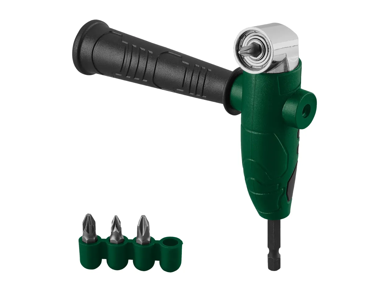 Right-angle drill attachment with side handle and screwdriver bits