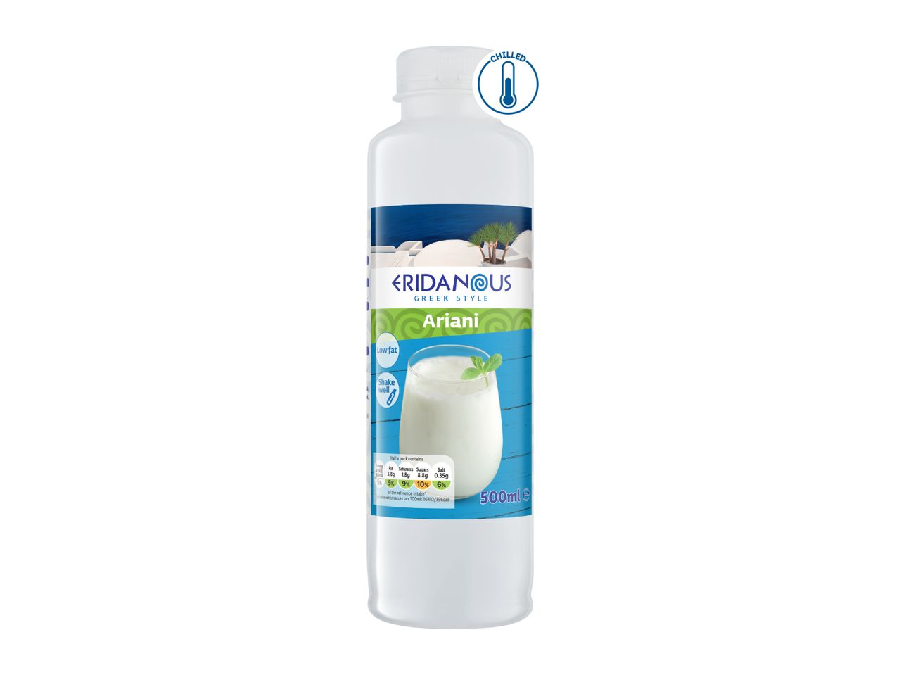 Greek style Ariani low-fat yogurt drink, 500ml, with nutritional information.