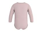 Back view of a plain light pink long-sleeved baby bodysuit.