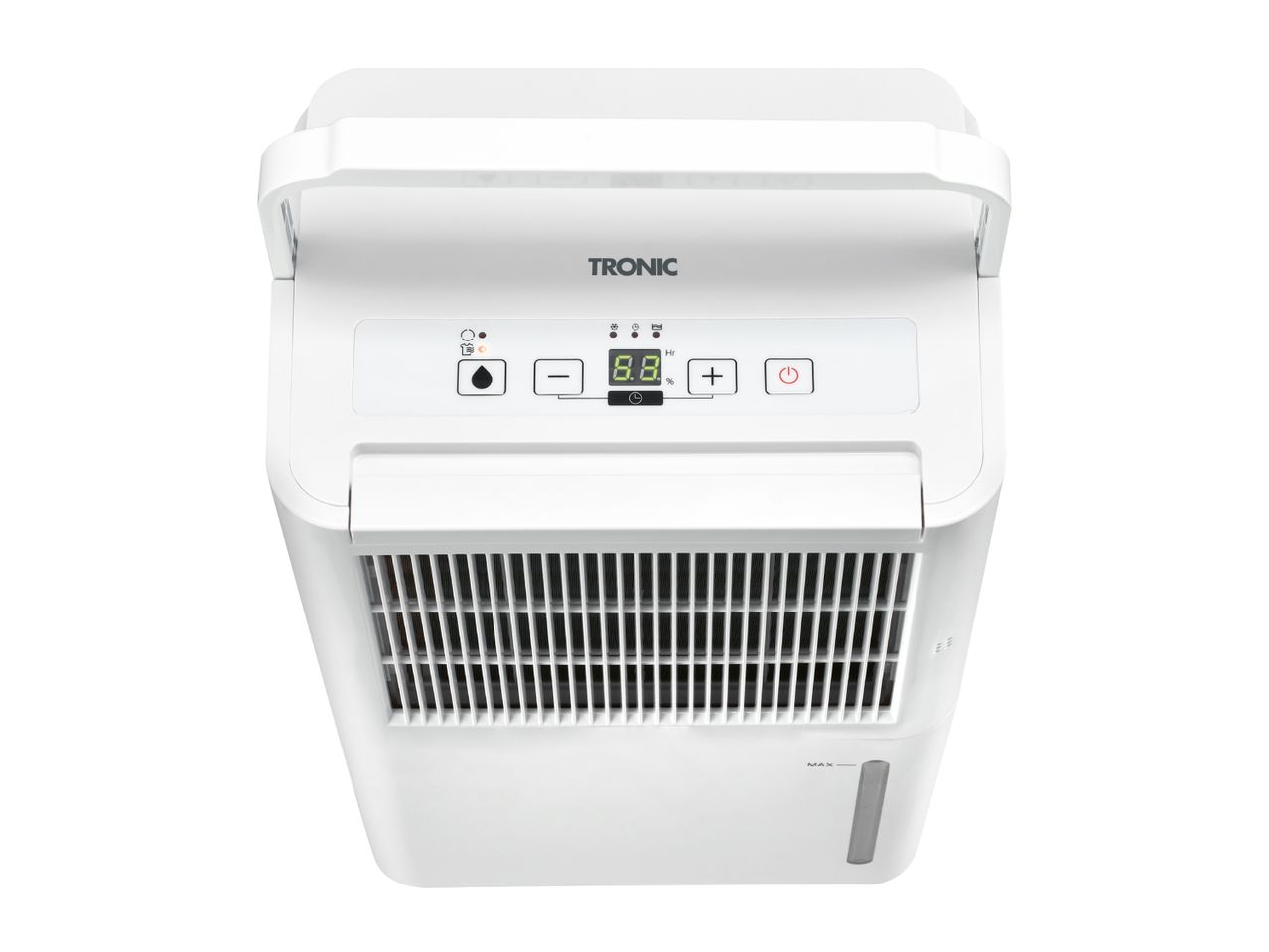 White Tronic dehumidifier with a digital display and control panel, seen from above.