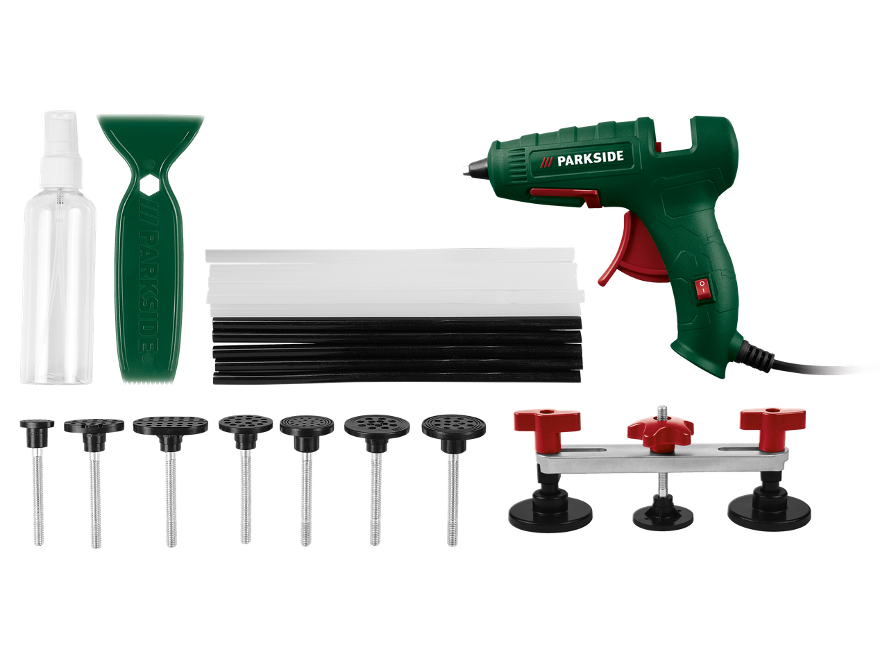 Kit de reparação de mossas PARKSIDE com pistola de cola, bastões de cola e várias ferramentas.