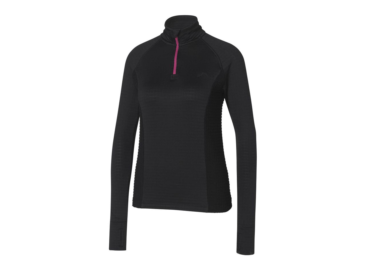Black long-sleeved athletic top with a pink half-zip collar.