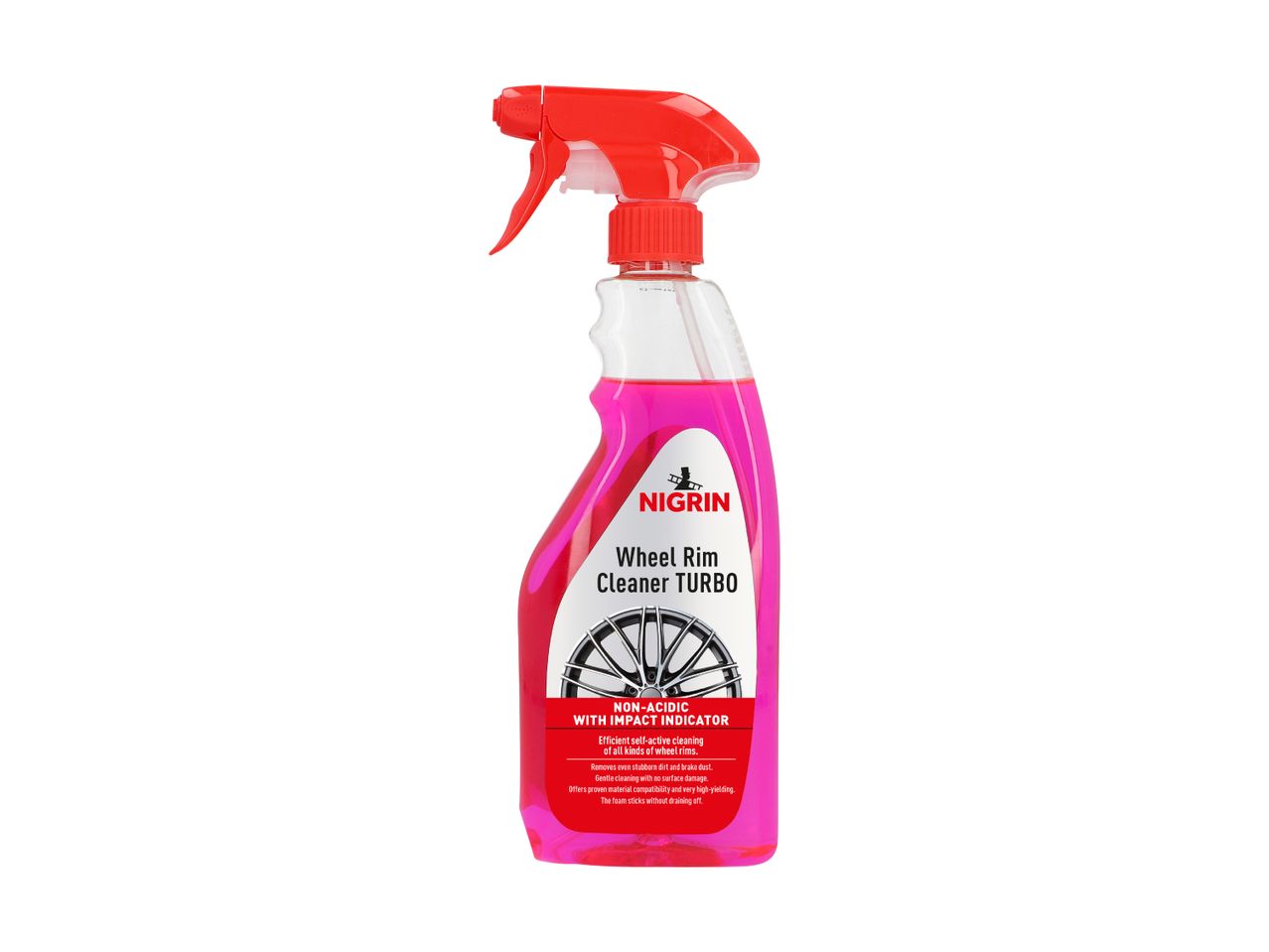 Pink wheel rim cleaner spray bottle with a red trigger, labeled 'Wheel Rim Cleaner TURBO'