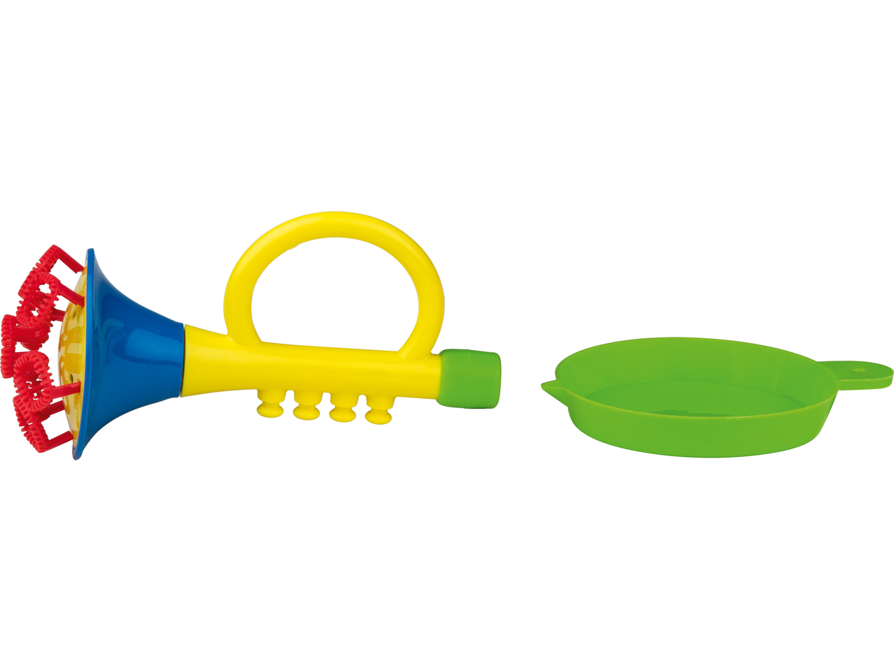 Colorful plastic bubble trumpet with a red bubble wand and a green dipping tray.