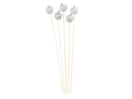 Five glittery silver apple picks on wooden sticks for Christmas decoration.