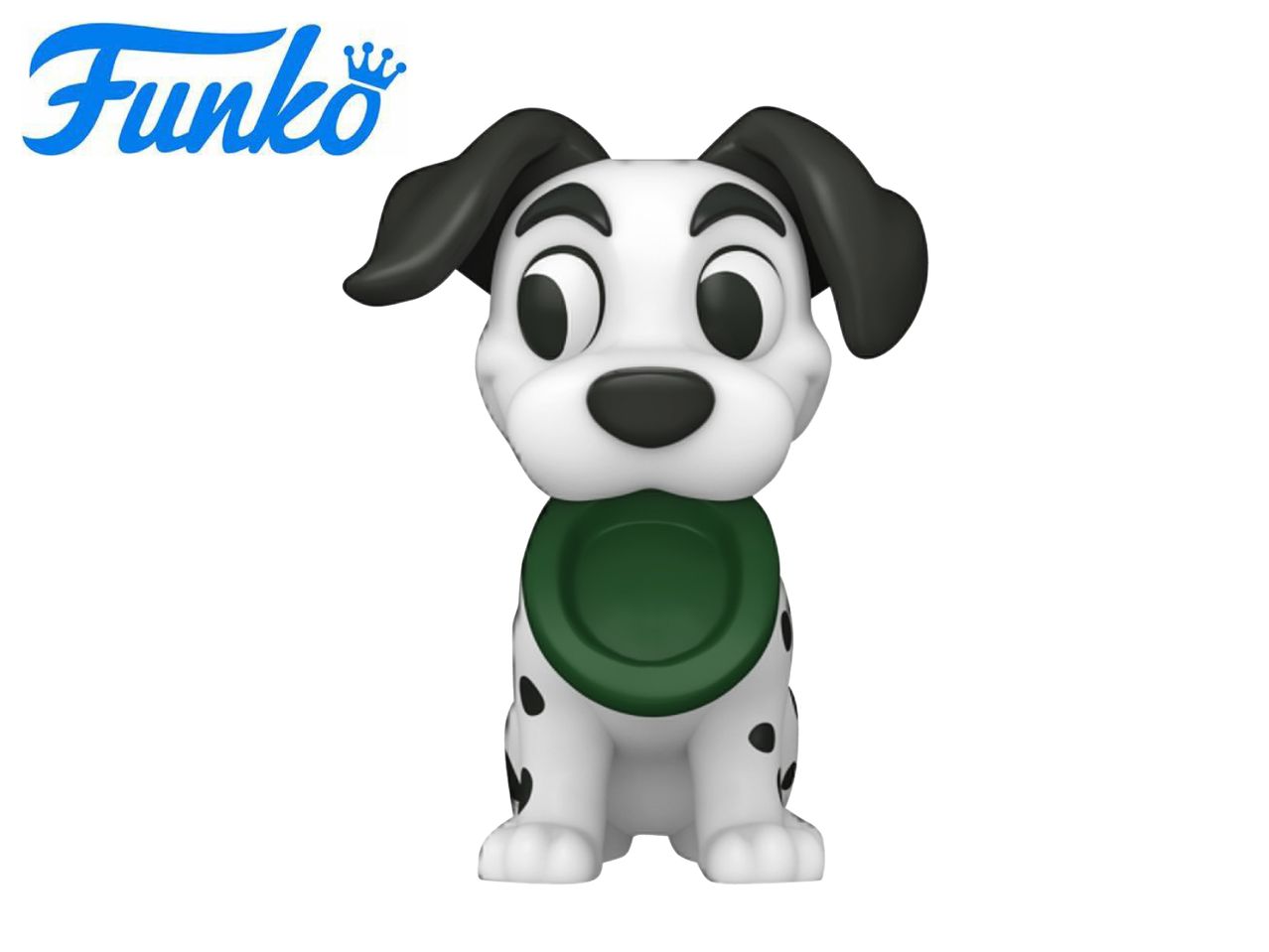 A white dog figurine with black ears and spots, wearing a green collar, with a logo in the corner.