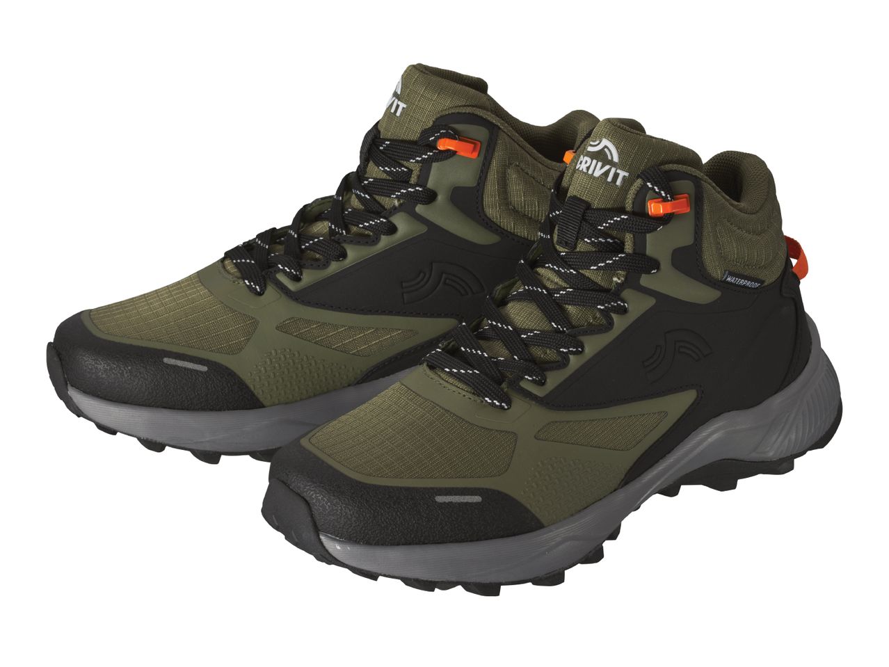 A pair of Crivit waterproof hiking boots in olive green and black.