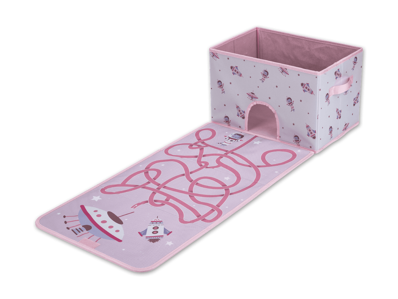Rosa Spielzeugkiste mit Weltraum-Motiv und Labyrinth-Spielmatte.