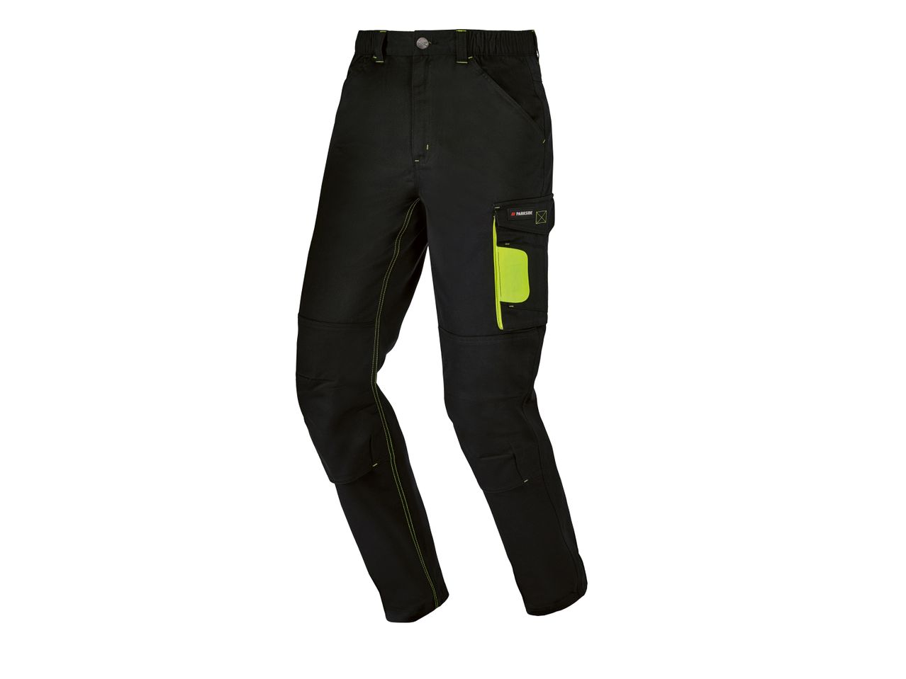 Pantaloni da lavoro neri con cuciture e dettagli verde neon