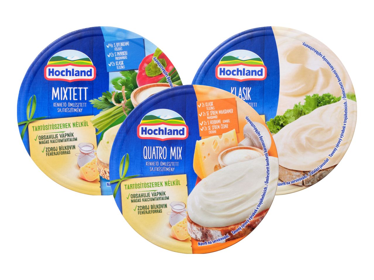 Trīs Hochland kausējamie sieri: Mixtett, Quattro Mix un Klasik.