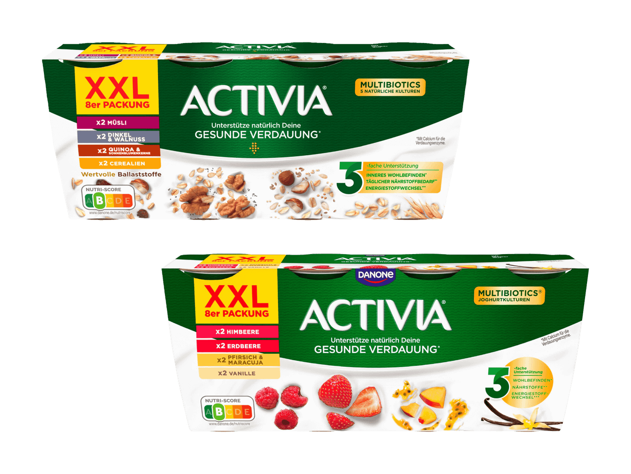 Zwei Packungen Joghurt mit verschiedenen Geschmacksrichtungen wie Müsli, Beeren und Vanille.