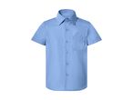 Light blue short-sleeved button-up shirt with a collar and a chest pocket.