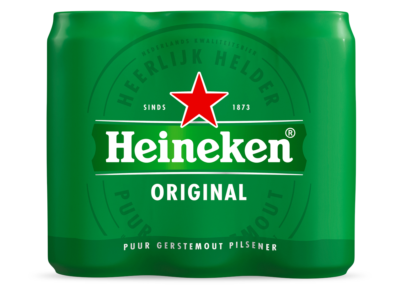 Groen sixpack bierblikjes met een rood sterlogo en de tekst 'ORIGINAL' en 'PUUR GERSTEMOUT PILSENER'.
