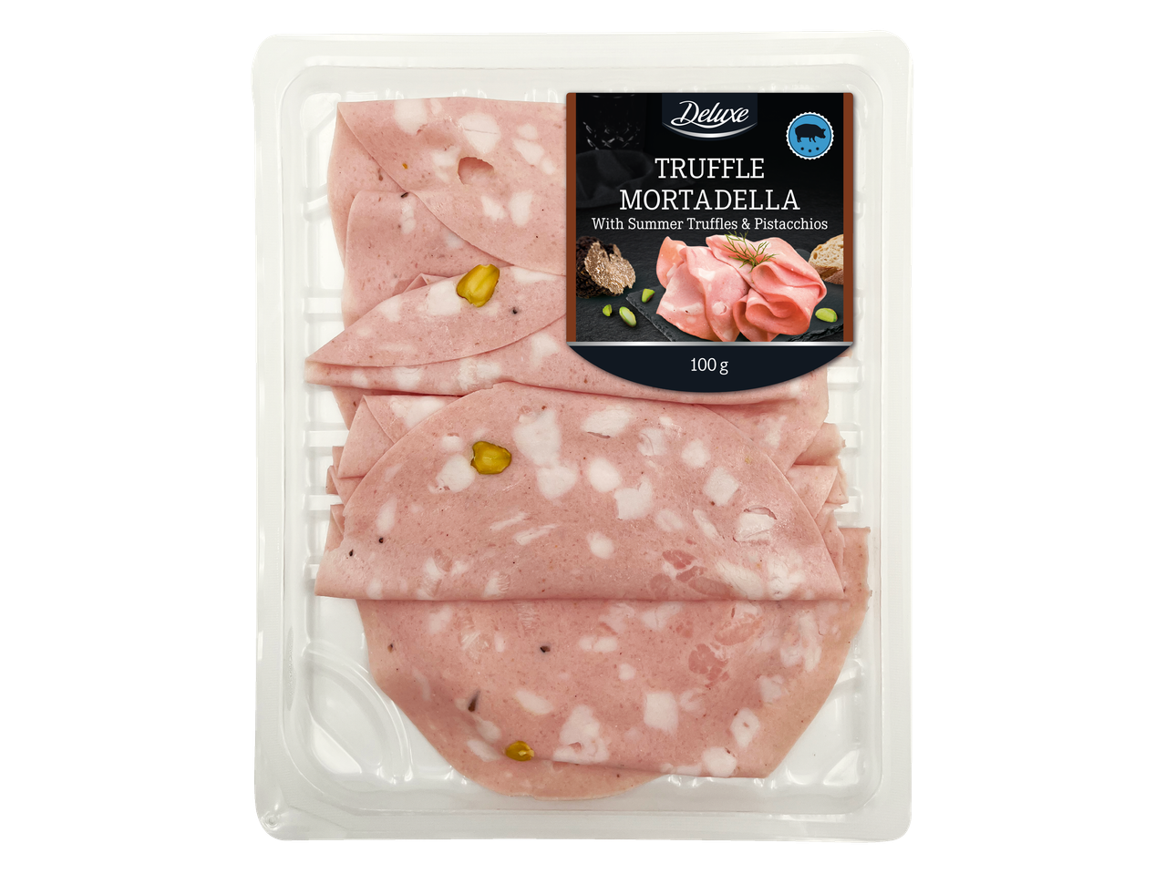 Deluxe trifeles mortadela ar vasaras trifeles un pistācijām, šķēlēs.