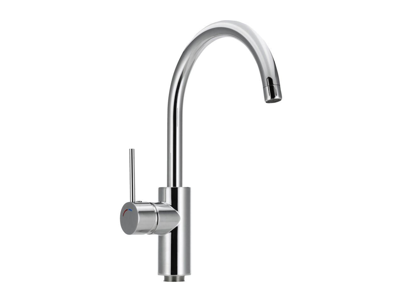 Chrome kitchen faucet with a single lever handle and a curved spout.