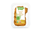 Vegetarische kaasschnitzels in een transparante verpakking, met Nutri-Score E en V-Label.