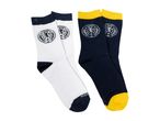 Two pairs of socks, one white and one navy, both with a lion crest and 'SCOTLAND' text.