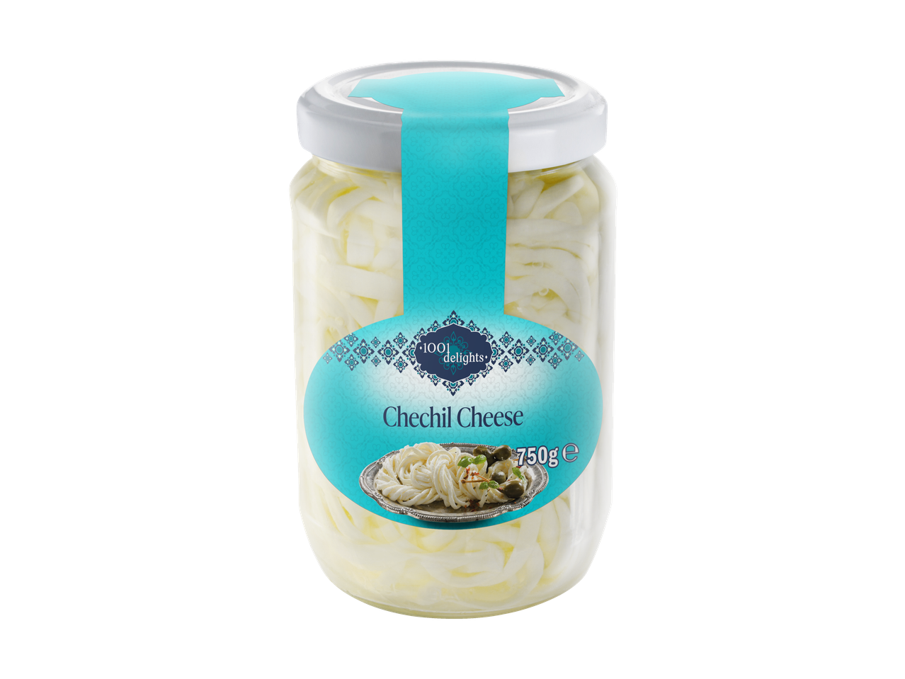 1001 DELIGHTS Chechil String Cheese in a jar with a blue label, 750g