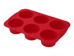 Red silicone muffin or cupcake baking tray with six round molds.