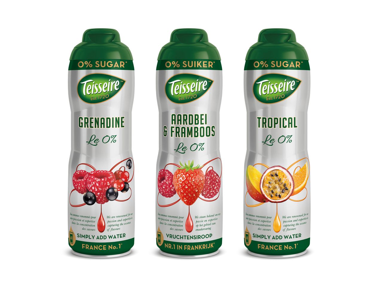 Teisseire 0% suiker siropen: grenadine, rode bessen en tropisch.