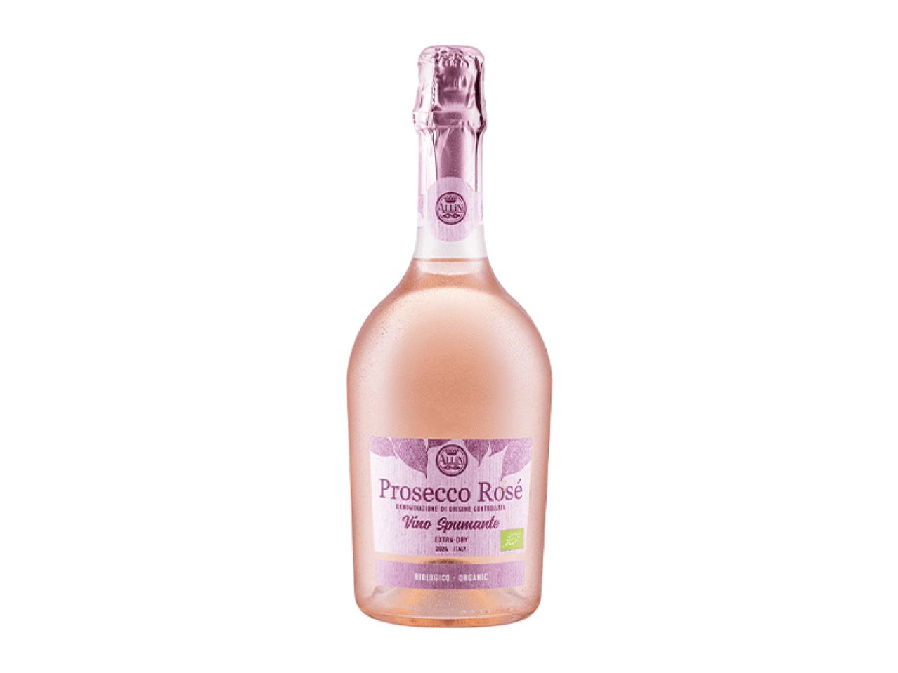 A bottle of ALLIN Prosecco Rosé Vino Spumante Extra-Dry Organic.