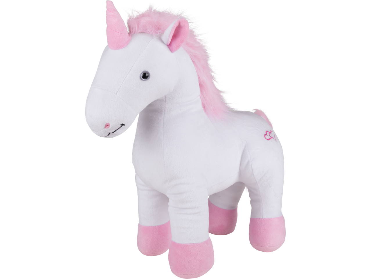 Balts plīša vienradzis ar rozā krēpēm un nagiem