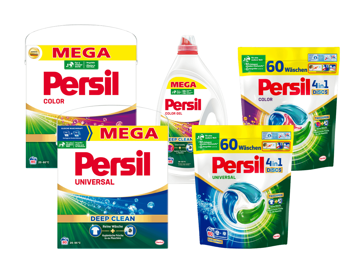 Verschiedene Persil Waschmittelprodukte, darunter Pulver, Gel und 4in1 Discs.