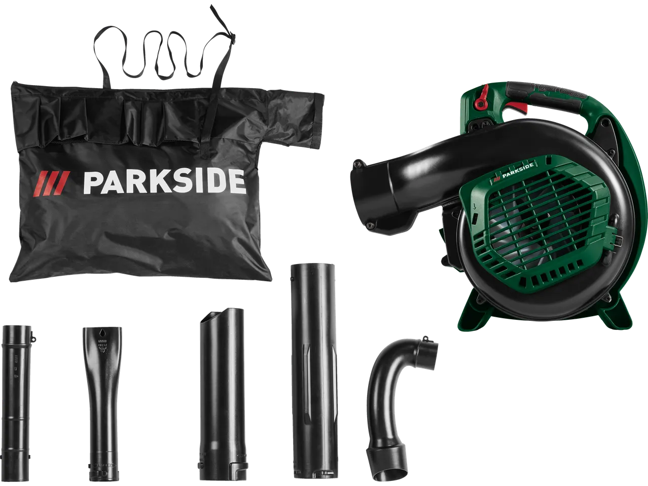 Parkside® Petrol Leaf Vacuum/Blower with various attachments and a storage bag.