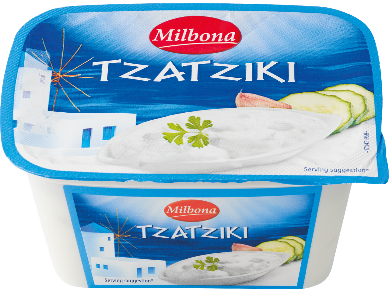 Milbona Tzatziki i en blå plastförpackning.