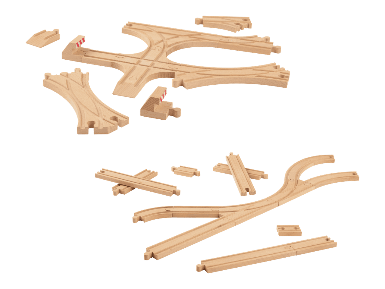 Puinen junarata, jossa on erilaisia kiskoja, vaihteita ja ramppeja.