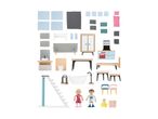 A collection of dollhouse furniture and accessories, including figures, kitchen, bathroom, and bedroom items.
