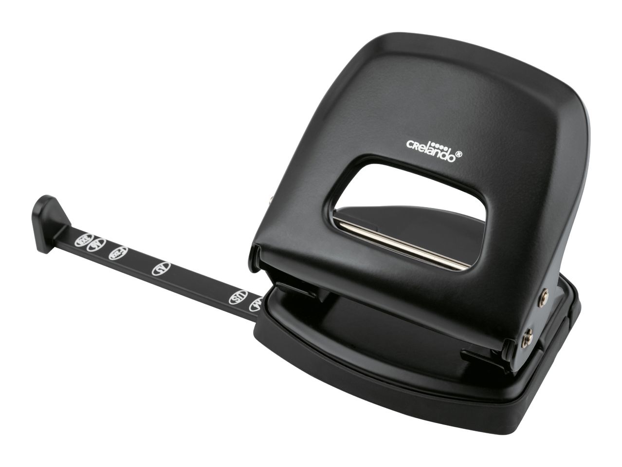 Black two-hole punch with a paper guide, isolated on a white background.