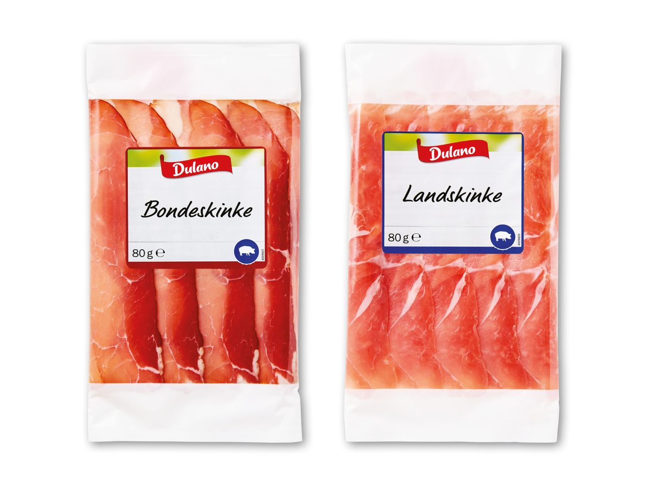 To pakker Dulano skinke, Bondeskinke og Landskinke, på hvid baggrund.