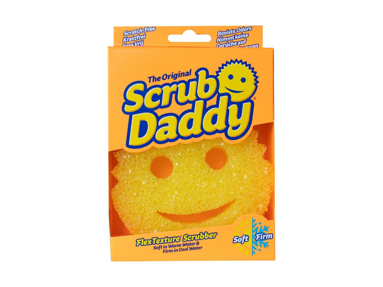 En gul Scrub Daddy svamp i en orange æske.