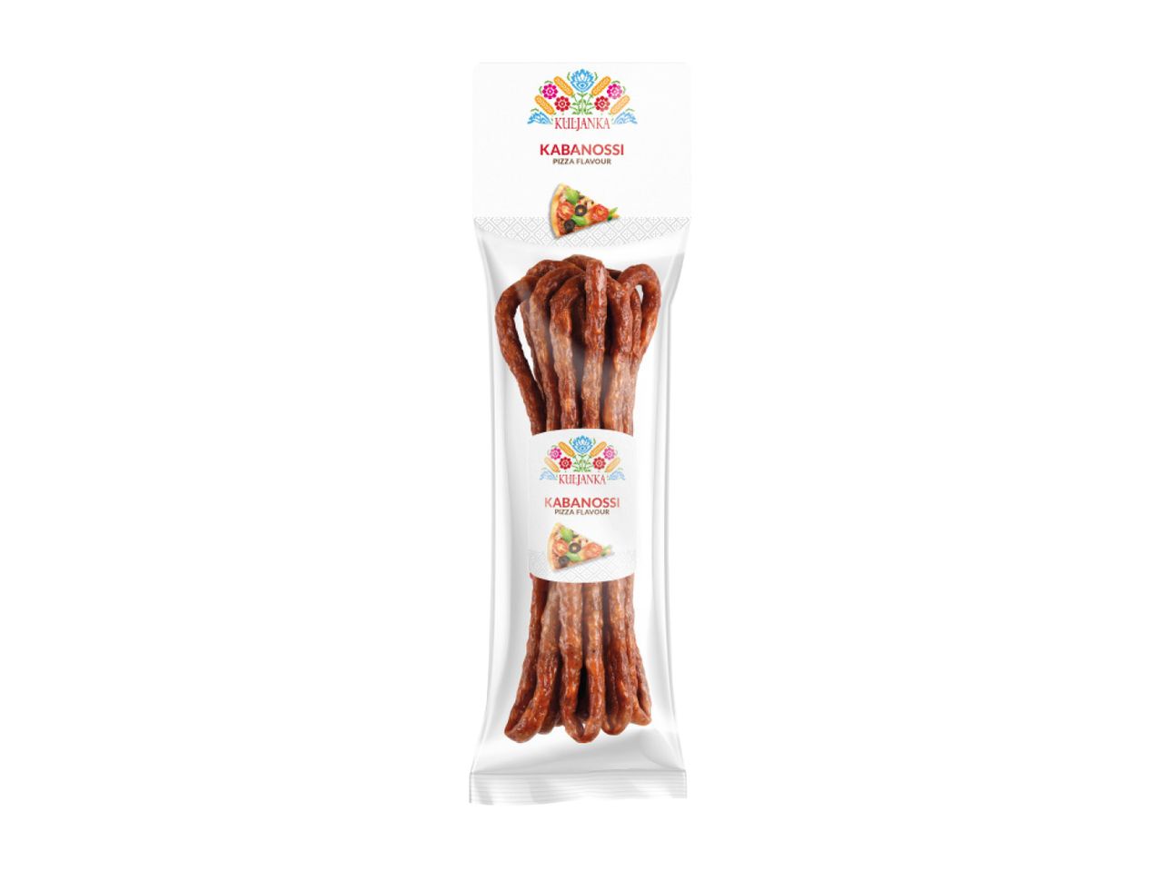 Kulejanka Kabanoossi pizza flavour snack in a transparent package.