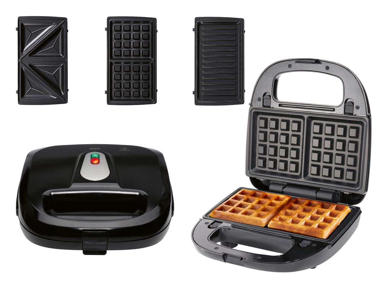 Multifunktions-Sandwichmaker mit austauschbaren Platten für Sandwiches, Waffeln und Grillgut.