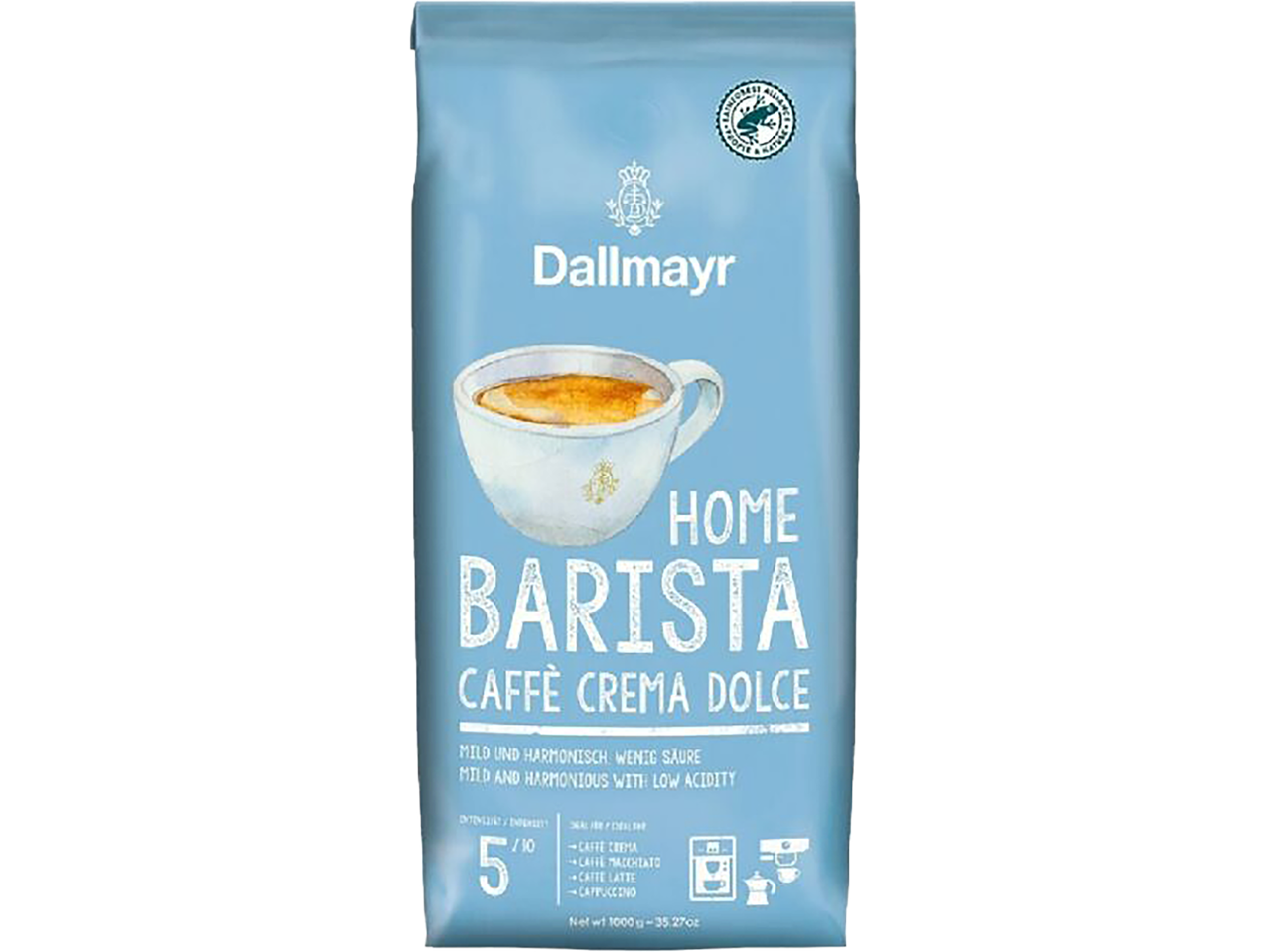 Dallmayr kavos pupelės Home Barista Caffè Crema Dolce šviesiai mėlynoje pakuotėje.