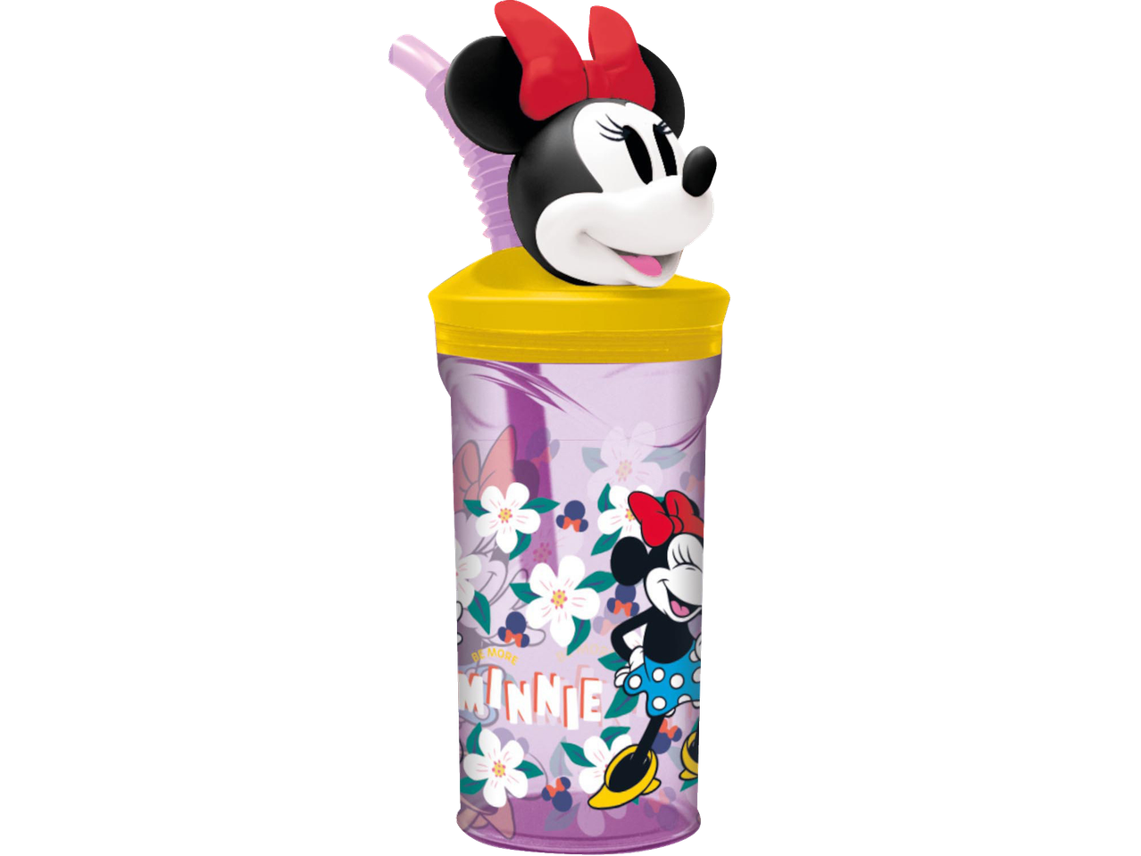 Minnie Mouse themed sipper cup with a Minnie head straw topper and floral design.
