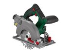 A grey and green circular saw with a red trigger and adjustment knobs.