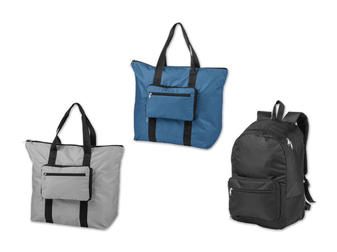 Drei faltbare Taschen: eine blaue und eine graue Tragetasche sowie ein schwarzer Rucksack.